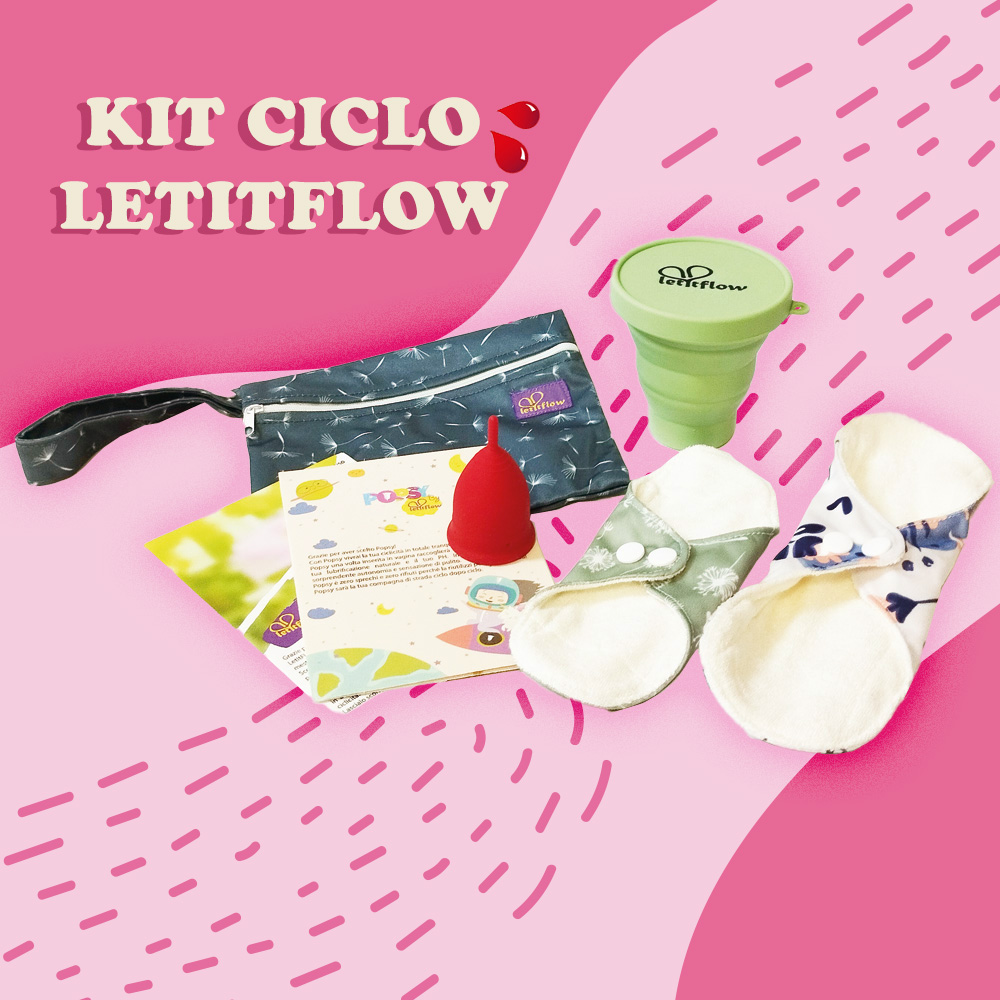 kit per le mestruazioni con coppetta mestruale,assorbente lavabile giorno, salvaslip, bicchiere per igienizzare coppetta e pochette impermeabile del marchio Letitflow